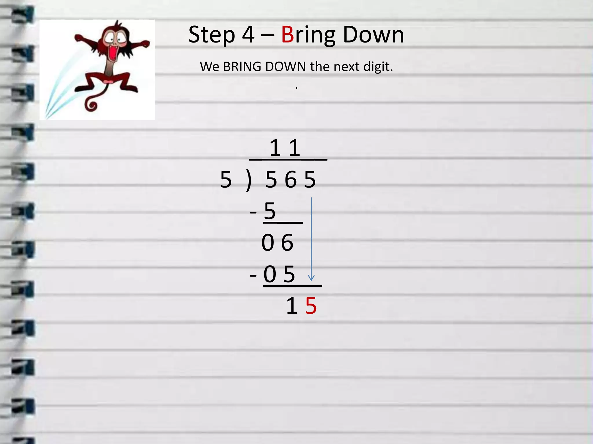 Step 4 – Bring DownWe BRING DOWN the next digit..     _1 1__ 5  )  5 6 5      - 5__         0 6      - 0 5__1 5
