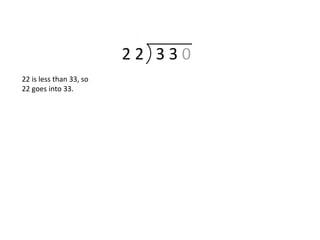2 2 3 3 0
22 is less than 33, so
22 goes into 33.
 