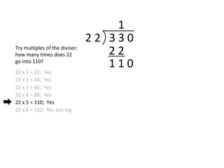2 2 3 3 0
1
2 2
1 1 0
Try multiples of the divisor;
how many times does 22
go into 110?
22 x 1 = 22; Yes
22 x 2 = 44; Yes
22 x 3 = 66; Yes
22 x 4 = 88; Yes
22 x 5 = 110; Yes
22 x 6 = 132; No, too big
 