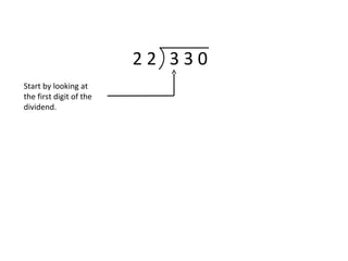 2 2 3 3 0
Start by looking at
the first digit of the
dividend.
 