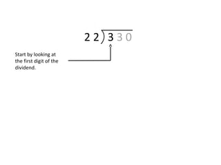 2 2 3 3 0
Start by looking at
the first digit of the
dividend.
 