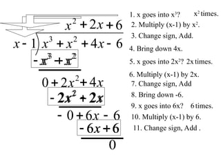 6
4
1 2
3



 x
x
x
x
2
x
1. x goes into x3
? x2
times.
2. Multiply (x-1) by x2
.
2
3
x
x 
2
2
0 x
 x
4

4. Bring down 4x.
5. x goes into 2x2
? 2xtimes.
x
2

6. Multiply (x-1) by 2x.
x
x 2
2 2

x
6
0

8. Bring down -6.
6

9. x goes into 6x?
6

6
6 
x
0
3. Change sign, Add.
7. Change sign, Add
6times.
11. Change sign, Add .
10. Multiply (x-1) by 6.
3 2
x x
 
2
2 2
x x
 
6 6
x
 
 