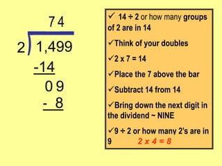 - 8
9
-14
1,499
2
 14 ÷ 2 or how many groups
of 2 are in 14
Think of your doubles
2 x 7 = 14
Place the 7 above the bar
Subtract 14 from 14
Bring down the next digit in
the dividend ~ NINE
9 ÷ 2 or how many 2’s are in
9
7
2 x 4 = 8
0
4
 