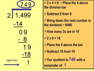 1
-18
9
1
9
- 8
-14
1,499
2
2 x 4 = 8 ~ Place the 4 above
the division bar
Subtract 8 from 9
Bring down the next number in
the dividend ~ NINE
How many 2s are in 19
2 x 9 = 18
Place the 9 above the bar
Subtract 18 from 19
Our quotient is 749 with a
remainder of 1
7
0
4 9
 
