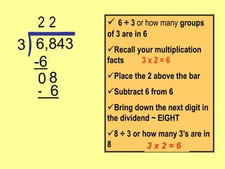- 6
8
0
-6
6,843
3
 6 ÷ 3 or how many groups
of 3 are in 6
Recall your multiplication
facts 3 x 2 = 6
Place the 2 above the bar
Subtract 6 from 6
Bring down the next digit in
the dividend ~ EIGHT
8 ÷ 3 or how many 3’s are in
8
2
3 x 2 = 6
2
 