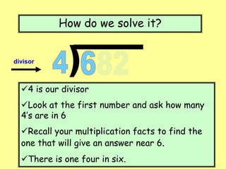 How do we solve it?
4 is our divisor
Look at the first number and ask how many
4’s are in 6
Recall your multiplication facts to find the
one that will give an answer near 6.
There is one four in six.
divisor
 