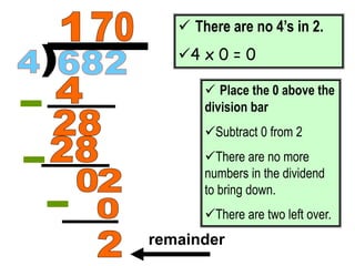  There are no 4’s in 2.
4 x 0 = 0
 Place the 0 above the
division bar
Subtract 0 from 2
There are no more
numbers in the dividend
to bring down.
There are two left over.
remainder
 