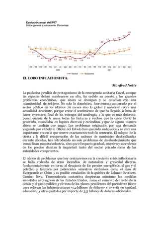 EL LOBO INFLACIONISTA.
Manfred Nolte
La paulatina pérdida de protagonismo de la emergencia sanitaria Covid, aunque
las esp...