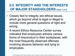 © 2020 Cengage Learning®. May not be scanned, copied or duplicated, or posted to a publicly accessible website, in whole or in part.
2-2 INTEGRITY AND THE INTERESTS
OF MAJOR STAKEHOLDERS (slide 1 of 3)
• Closely tied to integrity are ethical issues,
which go beyond what is legal or illegal to
include more general questions of right and
wrong.
• A recent Ethics Resource Center survey
indicated that employees witness various
forms of misconduct in their workplaces, with
the most frequently observed offenses
involving abusive behavior and lying to
employees.
 