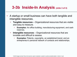 © 2020 Cengage Learning®. May not be scanned, copied or duplicated, or posted to a publicly accessible website, in whole or in part.
3-3b Inside-In Analysis (slide 3 of 4)
• A startup or small business can have both tangible and
intangible resources.
• Tangible resources – Organizational resources that are visible
and easy to measure.
• Examples: An office building, manufacturing equipment, and cash
reserves.
• Intangible resources – Organizational resources that are
invisible and difficult to assess.
• Examples: Patents, copyrights, an established brand, and an
entrepreneur’s personal network of contacts and relationships.
 
