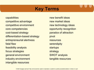© 2020 Cengage Learning®. May not be scanned, copied or duplicated, or posted to a publicly accessible website, in whole or in part.
Key Terms
capabilities
competitive advantage
competitive environment
core competencies
cost-based strategy
differentiation-based strategy
entrepreneurial alertness
fatal flaw
feasibility analysis
focus strategies
general environment
industry environment
intangible resources
new benefit ideas
new market ideas
new technology ideas
opportunity recognition
paradox of attraction
pivot
resources
serendipity
startups
strategy
SWOT analysis
tangible resources
 