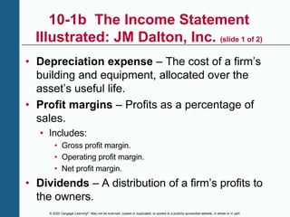 © 2020 Cengage Learning®. May not be scanned, copied or duplicated, or posted to a publicly accessible website, in whole or in part.
10-1b The Income Statement
Illustrated: JM Dalton, Inc. (slide 1 of 2)
• Depreciation expense – The cost of a firm’s
building and equipment, allocated over the
asset’s useful life.
• Profit margins – Profits as a percentage of
sales.
• Includes:
• Gross profit margin.
• Operating profit margin.
• Net profit margin.
• Dividends – A distribution of a firm’s profits to
the owners.
 