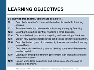 © 2020 Cengage Learning®. May not be scanned, copied or duplicated, or posted to a publicly accessible website, in whole or in part.
LEARNING OBJECTIVES
By studying this chapter, you should be able to…
12-1 Describe how a firm’s characteristics affect its available financing
sources.
12-2 Evaluate the choice between debt financing and equity financing.
12-3 Describe the starting point for financing a small business.
12-4 Discuss the basic process for acquiring and structuring a bank loan.
12-5 Explain how business relationships can be used to finance a small firm.
12-6 Describe the two types of private equity investors who offer financing
to small firms.
12-7 Describe how crowdfunding can be used by some small businesses
to raise capital.
12-8 Distinguish among the different government loan programs available
to small companies.
12-9 Explain when large companies and public stock offerings can be
sources of financing.
 