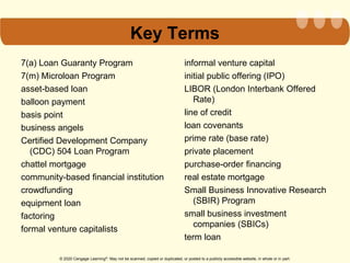 © 2020 Cengage Learning®. May not be scanned, copied or duplicated, or posted to a publicly accessible website, in whole or in part.
Key Terms
7(a) Loan Guaranty Program
7(m) Microloan Program
asset-based loan
balloon payment
basis point
business angels
Certified Development Company
(CDC) 504 Loan Program
chattel mortgage
community-based financial institution
crowdfunding
equipment loan
factoring
formal venture capitalists
informal venture capital
initial public offering (IPO)
LIBOR (London Interbank Offered
Rate)
line of credit
loan covenants
prime rate (base rate)
private placement
purchase-order financing
real estate mortgage
Small Business Innovative Research
(SBIR) Program
small business investment
companies (SBICs)
term loan
 
