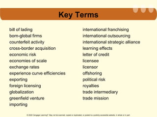 © 2020 Cengage Learning®. May not be scanned, copied or duplicated, or posted to a publicly accessible website, in whole or in part.
Key Terms
bill of lading
born-global firms
counterfeit activity
cross-border acquisition
economic risk
economies of scale
exchange rates
experience curve efficiencies
exporting
foreign licensing
globalization
greenfield venture
importing
international franchising
international outsourcing
international strategic alliance
learning effects
letter of credit
licensee
licensor
offshoring
political risk
royalties
trade intermediary
trade mission
 