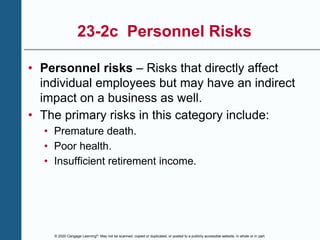 © 2020 Cengage Learning®. May not be scanned, copied or duplicated, or posted to a publicly accessible website, in whole or in part.
23-2c Personnel Risks
• Personnel risks – Risks that directly affect
individual employees but may have an indirect
impact on a business as well.
• The primary risks in this category include:
• Premature death.
• Poor health.
• Insufficient retirement income.
 