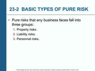 © 2020 Cengage Learning®. May not be scanned, copied or duplicated, or posted to a publicly accessible website, in whole or in part.
23-2 BASIC TYPES OF PURE RISK
• Pure risks that any business faces fall into
three groups:
1. Property risks.
2. Liability risks.
3. Personnel risks.
 
