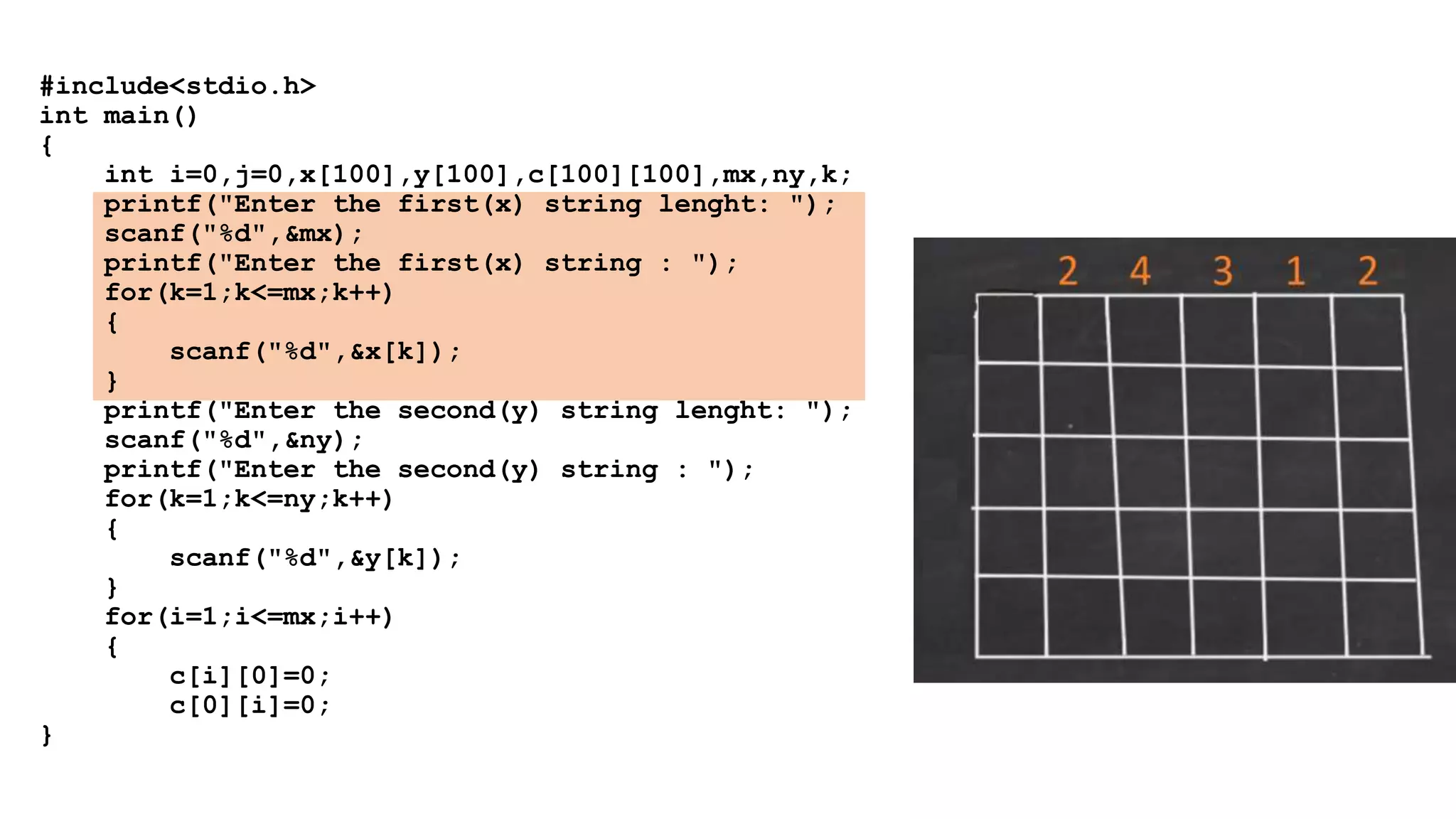 #include<stdio.h>
int main()
{
int i=0,j=0,x[100],y[100],c[100][100],mx,ny,k;
printf("Enter the first(x) string lenght: ");
scanf("%d",&mx);
printf("Enter the first(x) string : ");
for(k=1;k<=mx;k++)
{
scanf("%d",&x[k]);
}
printf("Enter the second(y) string lenght: ");
scanf("%d",&ny);
printf("Enter the second(y) string : ");
for(k=1;k<=ny;k++)
{
scanf("%d",&y[k]);
}
for(i=1;i<=mx;i++)
{
c[i][0]=0;
c[0][i]=0;
}
 