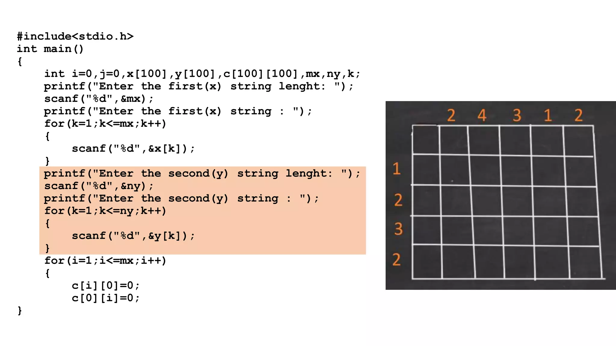 #include<stdio.h>
int main()
{
int i=0,j=0,x[100],y[100],c[100][100],mx,ny,k;
printf("Enter the first(x) string lenght: ");
scanf("%d",&mx);
printf("Enter the first(x) string : ");
for(k=1;k<=mx;k++)
{
scanf("%d",&x[k]);
}
printf("Enter the second(y) string lenght: ");
scanf("%d",&ny);
printf("Enter the second(y) string : ");
for(k=1;k<=ny;k++)
{
scanf("%d",&y[k]);
}
for(i=1;i<=mx;i++)
{
c[i][0]=0;
c[0][i]=0;
}
 