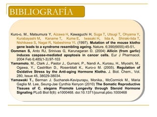 BIBLIOGRAFÍA

Kuro-o, M., Matsumura Y, Aizawa H, Kawaguchi H, Suga T, Utsugi T, Ohyama Y,
   Kurabayashi M, Kaname T, Kume E, Iwasaki H, Iida A, Shiraki-Iida T,
   Nishikawa S, Nagai R, Nabeshima YI. (1997). Mutation of the mouse klotho
   gene leads to a syndrome resembling ageing. Nature. 6;390(6655):45-51.
Oommen S, Anto RJ, Srinivas G, Karunagaran D. (2004) Allicin (from garlic)
   induces caspase-mediated apoptosis in cancer cells. Eur J Pharmacol.
   2004 Feb 6;485(1-3):97-103
Yamamoto, M., Clark J., Pastor J., Gurnani, P., Nandi A., Kurosu, H., Miyoshi, M.,
   Ogawa, Y., Castrillon D., Rosenblatt K., Kuro-o M. (2005). Regulation of
   Oxidative Stress by the Anti-aging Hormone Klotho. J. Biol. Chem., Vol.
   280, Issue 45, 38029-38034.
Yamawaki T., Berman J. Suchanek-Kavipurapu, Monika., McCormick M., Maria
   Gaglia M. Lee, Seung-Jae Cynthia Kenyon (2010) The Somatic Reproductive
   Tissues of C. elegans Promote Longevity through Steroid Hormone
   Signaling PLoS Biol 8(8): e1000468. doi:10.1371/journal.pbio.1000468
 