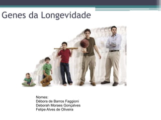 Genes da Longevidade




       Nomes:
       Débora de Barros Faggioni
       Deborah Moraes Gonçalves
       Felipe Alves de Oliveira
 