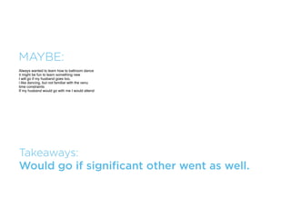 YES:
Always wanted to try yoga but didn't know best way to start
Love Yoga.....and Yoga is kind of an individual type thing so it doesn't matter who is there.
Enjoyed yoga the few times I participated.
Heard yoga was good forn of non-impact exercise and want to learn more
This would assist with my back problem.
Sounds interesting
love yoga
I've never taken a Vinyasa yoga class and I would it to try it epecially since it's free




Takeaways:
Would be fun to meet new people and share
moral support. Non-impact exercise. Can
enjoy the scenery.
 