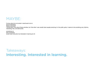 YES:
I can use the exercise
Curious to learn more
Who doesn't like free.
As long as it's free, I will attend. Have tried it before.
good exercise
fun
want to try it




Takeaways:
Would be fun to try it as long as it’s free.
 