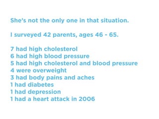 She’s not the only one in that situation.

I surveyed 42 parents, ages 46 - 65.

7 had high cholesterol
6 had high blood pressure
5 had high cholesterol and blood pressure
4 were overweight
3 had body pains and aches
1 had diabetes
1 had depression
1 had a heart attack in 2006
 