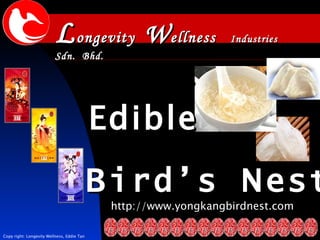http://www.yongkangbirdnest.com B ird’s  N est L ongevity  W ellness  Industries  Sdn.  Bhd. Edible Copy right: Longevity Wellness, Eddie Tan 