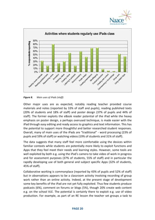  

	
  
Figure	
  8.	
  

Main	
  uses	
  of	
  iPads	
  (staff)	
  

Other	
   major	
   uses	
   are	
   as	
   expected,	
   notably	
   reading	
   teacher	
   provided	
   course	
  
materials	
   and	
   notes	
   (reported	
   by	
   33%	
   of	
   staff	
   and	
   pupils),	
   reading	
   published	
   texts	
  
(20%	
   of	
   students	
   and	
   18%	
   of	
   staff)	
   and	
   poster	
   design	
   (37%	
   of	
   pupils	
   and	
   44%	
   of	
  
staff).	
   The	
   former	
   exploits	
   the	
   eBook	
   reader	
   potential	
   of	
   the	
   iPad	
   while	
   the	
   heavy	
  
emphasis	
  on	
  poster	
  design,	
  a	
  perhaps	
  overused	
  technique,	
  is	
  made	
  easier	
  with	
  the	
  
iPad	
  through	
  easy	
  editing	
  and	
  ready	
  access	
  to	
  graphics	
  and	
  text	
  information.	
  This	
  has	
  
the	
  potential	
  to	
  support	
  more	
  thoughtful	
  and	
  better	
  researched	
  student	
  responses.	
  
Overall,	
  many	
  of	
  main	
  uses	
  of	
  the	
  iPads	
  are	
  “traditional”	
  -­‐	
  word	
  processing	
  (23%	
  of	
  
pupils	
  and	
  59%	
  of	
  staff)	
  or	
  watching	
  videos	
  (19%	
  of	
  students	
  and	
  31%	
  of	
  staff).	
  
The	
   data	
   suggests	
   that	
   many	
   staff	
   feel	
   more	
   comfortable	
   using	
   the	
   devices	
   within	
  
familiar	
  contexts	
  while	
  students	
  are	
  potentially	
  more	
  likely	
  to	
  exploit	
  functions	
  and	
  
Apps	
  that	
  they	
  feel	
  meet	
  their	
  needs	
  and	
  learning	
   styles.	
  However,	
  some	
  tools	
  are	
  
well	
   exploited	
   by	
   both	
   e.g.	
   using	
   the	
   iPad’s	
   camera	
   to	
   take	
   video	
   of	
   work	
   in	
   progress	
  
and	
   for	
   assessment	
   purposes	
   (37%	
   of	
   students,	
   55%	
   of	
   staff)	
   and	
   in	
   particular	
   the	
  
rapidly	
   developing	
   use	
   of	
   both	
   general	
   and	
   subject	
   specific	
   Apps	
   (32%	
   of	
   students,	
  
45%	
  of	
  staff).	
  
Collaborative	
  working	
  is	
  commonplace	
  (reported	
  by	
  43%	
  of	
  pupils	
  and	
  52%	
  of	
  staff)	
  
but	
  in	
  observations	
  appears	
  to	
  be	
  a	
  classroom	
  activity	
  involving	
  recording	
  of	
  group	
  
work	
   rather	
   than	
   an	
   online	
   activity.	
   Indeed,	
   at	
   the	
   present	
   stage	
   of	
   development	
  
some	
   key	
   benefits	
   of	
   the	
   iPad	
   are	
   not	
   yet	
   fully	
   exploited.	
   Thus	
   few	
   students	
   produce	
  
podcasts	
  (6%),	
  comment	
  on	
  forums	
  or	
  blogs	
  (5%),	
  though	
  20%	
  create	
  web	
  content	
  
e.g.	
   on	
   the	
   school	
   VLE.	
   The	
   potential	
   is	
   certainly	
   there	
   to	
   exploit	
   e.g.	
   use	
   of	
   video	
  
production.	
   For	
   example,	
   as	
   part	
   of	
   an	
   RE	
   lesson	
   the	
   teacher	
   set	
   groups	
   a	
   task	
   to	
  

	
  

PAGE	
  20	
  

	
  

 
