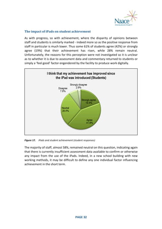  
The	
  impact	
  of	
  iPads	
  on	
  student	
  achievement	
  
As	
   with	
   progress,	
   so	
   with	
   achievement,	
   where	
   the	
   disparity	
   of	
   opinions	
   between	
  
staff	
  and	
  students	
  is	
  similarly	
  marked	
  -­‐	
  indeed	
  more	
  so	
  as	
  the	
  positive	
  response	
  from	
  
staff	
   in	
   particular	
   is	
   much	
   lower.	
   Thus	
   some	
   61%	
   of	
   students	
   agree	
   (42%)	
   or	
   strongly	
  
agree	
   (19%)	
   that	
   their	
   achievement	
   has	
   risen,	
   while	
   28%	
   remain	
   neutral.	
  
Unfortunately,	
  the	
  reasons	
  for	
  this	
  perception	
  were	
  not	
  investigated	
  so	
  it	
  is	
  unclear	
  
as	
   to	
   whether	
   it	
   is	
   due	
   to	
   assessment	
   data	
   and	
   commentary	
   returned	
   to	
   students	
   or	
  
simply	
  a	
  ‘feel	
  good’	
  factor	
  engendered	
  by	
  the	
  facility	
  to	
  produce	
  work	
  digitally.	
  

	
  
Figure	
  17.	
   iPads	
  and	
  student	
  achievement	
  (student	
  responses)	
  

The	
  majority	
  of	
  staff,	
  almost	
  58%,	
  remained	
  neutral	
  on	
  this	
  question,	
  indicating	
  again	
  
that	
   there	
   is	
   currently	
  insufficient	
   assessment	
  data	
   available	
   to	
   confirm	
   or	
   otherwise	
  
any	
   impact	
   from	
   the	
   use	
   of	
   the	
   iPads.	
   Indeed,	
   in	
   a	
   new	
   school	
   building	
   with	
   new	
  
working	
  methods,	
  it	
  may	
  be	
  difficult	
  to	
  define	
  any	
  one	
  individual	
  factor	
  influencing	
  
achievement	
  in	
  the	
  short	
  term.	
  

	
  

PAGE	
  32	
  

	
  

 