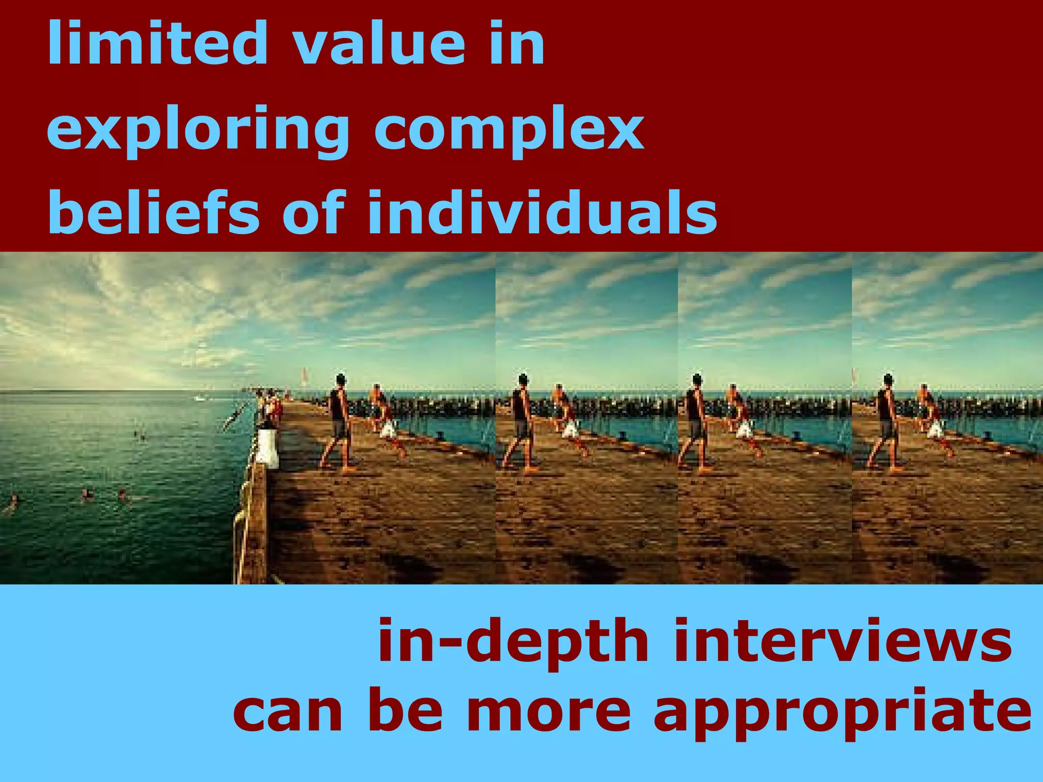 limited value in  exploring complex  beliefs of individuals  in-depth interviews  can be more appropriate 