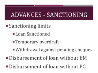 ADVANCES - SANCTIONING
Sanctioning limits
Loan Sanctioned
Temporary overdraft
Withdrawal against pending cheques
Disbursement of loan without EM
Disbursement of loan without PG
 