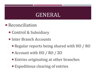 GENERAL
 Reconciliation
 Control & Subsidiary
 Inter Branch Accounts
 Regular reports being shared with HO / RO
 Account with HO / RO / ZO
 Entries originating at other branches
 Expeditious clearing of entries
 