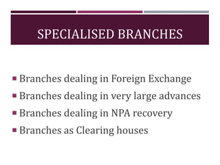 SPECIALISED BRANCHES
 Branches dealing in Foreign Exchange
 Branches dealing in very large advances
 Branches dealing in NPA recovery
 Branches as Clearing houses
 