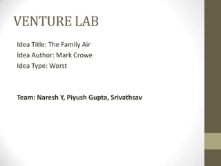 VENTURE LAB
Idea Title: The Family Air
Idea Author: Mark Crowe
Idea Type: Worst



Team: Naresh Y, Piyush Gupta, Srivathsav
 