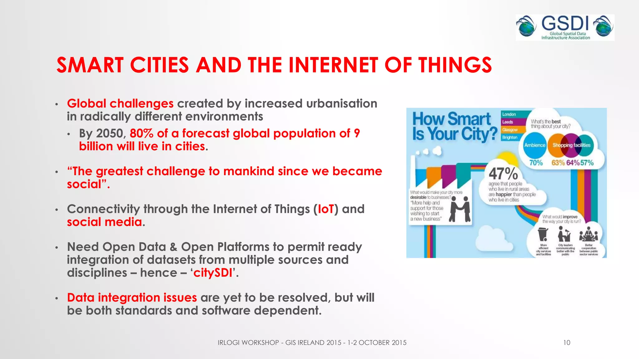 SMART CITIES AND THE INTERNET OF THINGS
• Global challenges created by increased urbanisation
in radically different environments
• By 2050, 80% of a forecast global population of 9
billion will live in cities.
• “The greatest challenge to mankind since we became
social”.
• Connectivity through the Internet of Things (IoT) and
social media.
• Need Open Data & Open Platforms to permit ready
integration of datasets from multiple sources and
disciplines – hence – ‘citySDI’.
• Data integration issues are yet to be resolved, but will
be both standards and software dependent.
IRLOGI WORKSHOP - GIS IRELAND 2015 - 1-2 OCTOBER 2015 10
 