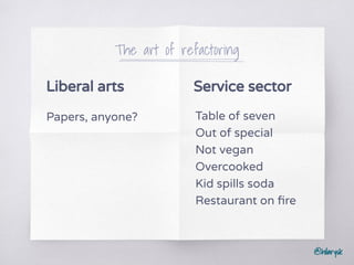 @hilarysk
Liberal arts
The art of refactoring
Service sector
Table of seven
Out of special
Not vegan
Overcooked
Kid spills soda
Restaurant on ﬁre
Papers, anyone?
 
