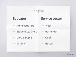 @hilarysk
Service sector
Delegation
Educator
▧ Administrators
▧ Bartender
▧ Cook
▧ Busser
▧ Student teachers
▧ Unruly pupils
▧ Parents
▧ Host
 
