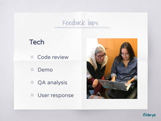 @hilarysk
Feedback loops
Tech
▧ Code review
▧ Demo
▧ QA analysis
▧ User response
 