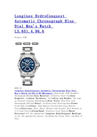 Longines hydro conquest automatic chronograph blue dial men's watch l3.651.4.96.6