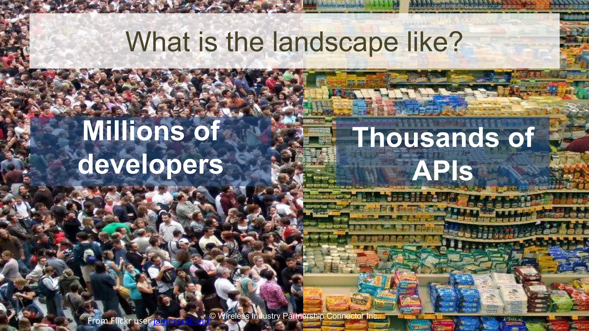 What is the landscape like? 
Millions of 
developers 
From Flickr user jamescridland 
Thousands of 
APIs 
© Wireless Industry Partnership Connector Inc. 
 