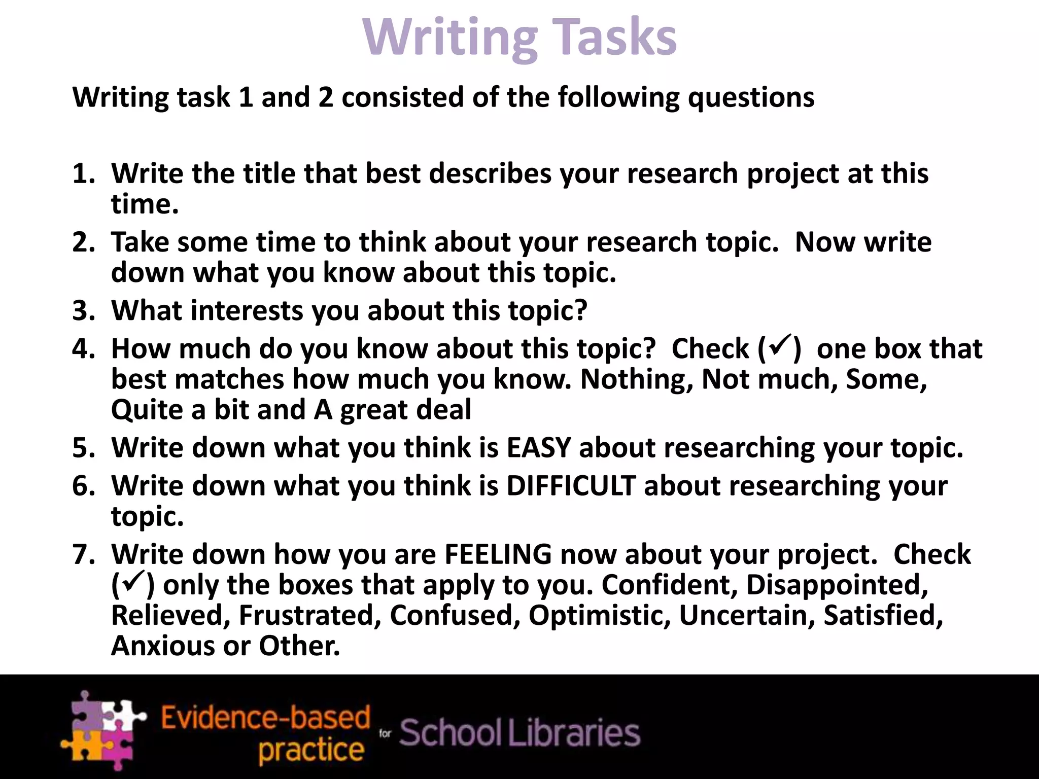 Writing Tasks
Writing task 1 and 2 consisted of the following questions
1. Write the title that best describes your research project at this
time.
2. Take some time to think about your research topic. Now write
down what you know about this topic.
3. What interests you about this topic?
4. How much do you know about this topic? Check () one box that
best matches how much you know. Nothing, Not much, Some,
Quite a bit and A great deal
5. Write down what you think is EASY about researching your topic.
6. Write down what you think is DIFFICULT about researching your
topic.
7. Write down how you are FEELING now about your project. Check
() only the boxes that apply to you. Confident, Disappointed,
Relieved, Frustrated, Confused, Optimistic, Uncertain, Satisfied,
Anxious or Other.
 