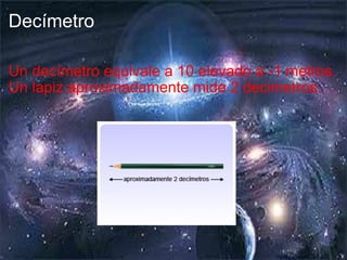 Decímetro Un decímetro equivale a 10 elevado a -1 metros. Un lapiz aproximadamente mide 2 decimetros. 