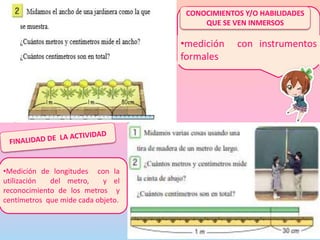 CONOCIMIENTOS Y/O HABILIDADES
QUE SE VEN INMERSOS
•medición con instrumentos
formales
•Medición de longitudes con la
utilización del metro, y el
reconocimiento de los metros y
centímetros que mide cada objeto.
 