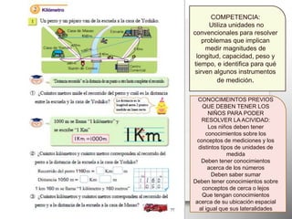 COMPETENCIA:
Utiliza unidades no
convencionales para resolver
problemas que implican
medir magnitudes de
longitud, capacidad, peso y
tiempo, e identifica para qué
sirven algunos instrumentos
de medición.
CONOCIMEINTOS PREVIOS
QUE DEBEN TENER LOS
NIÑOS PARA PODER
RESOLVER LA ACIVIDAD:
Los niños deben tener
conocimientos sobre los
conceptos de mediciones y los
distintos tipos de unidades de
medida
Deben tener conocimientos
acerca de los números
Deben saber sumar
Deben tener conocimientos sobre
conceptos de cerca o lejos
Que tengan conocimientos
acerca de su ubicación espacial
al igual que sus lateralidades
 