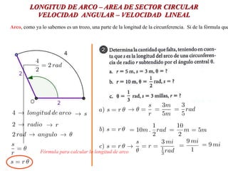 LONGITUD DE ARCO – AREA DE SECTOR CIRCULAR
VELOCIDAD ANGULAR – VELOCIDAD LINEAL
Arco, como ya lo sabemos es un trozo, una parte de la longitud de la circunferencia. Si de la fórmula que
Fórmula para calcular la longitud de arco
 