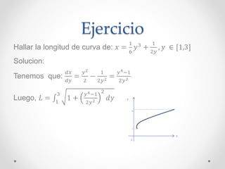 Ejercicio
Hallar la longitud de curva de: 𝑥 =
1
6
𝑦3 +
1
2𝑦
, 𝑦 ∈ [1,3]
Solucion:
Tenemos que:
𝑑𝑥
𝑑𝑦
=
𝑦2
2
−
1
2𝑦2 =
𝑦4−1
2𝑦2
Luego, 𝐿 = 1
3
1 +
𝑦4−1
2𝑦2
2
𝑑𝑦 y
3
1
X
0
 