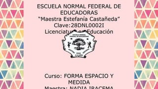 ESCUELA NORMAL FEDERAL DE
EDUCADORAS
“Maestra Estefanía Castañeda”
Clave:28DNL0002I
Licenciatura en Educación
Preescolar
Curso: FORMA ESPACIO Y
MEDIDA
 