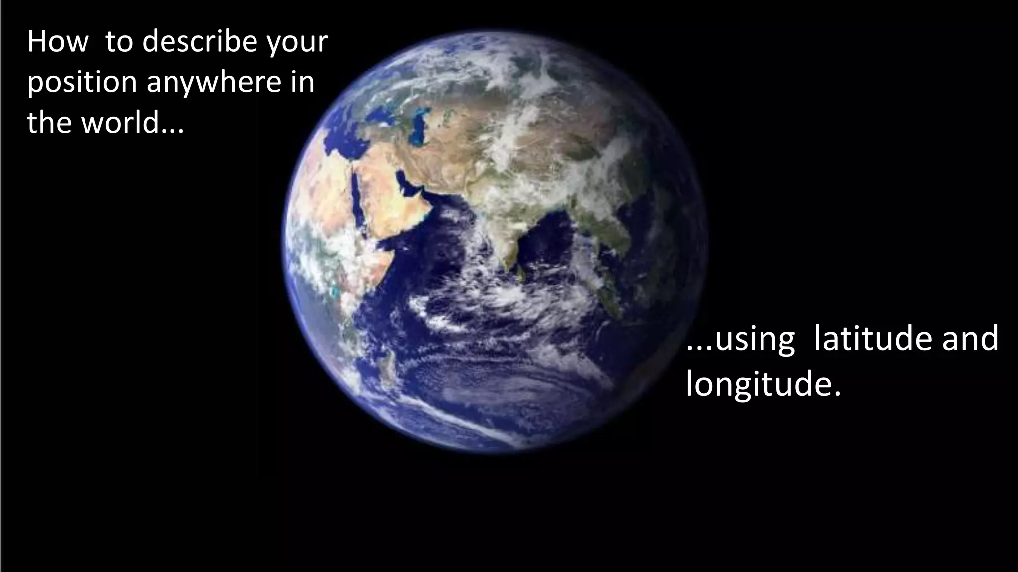 How to describe your
position anywhere in
the world...
...using latitude and
longitude.
 
